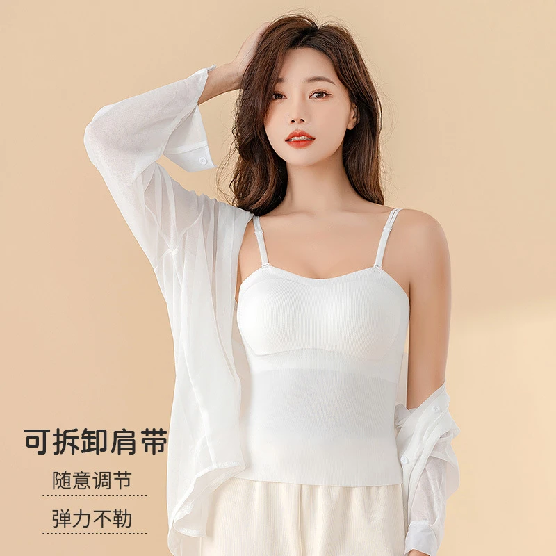 吊带美背背心带弹力胸垫打底防走光聚拢无钢圈抹胸内衣女薄款外穿