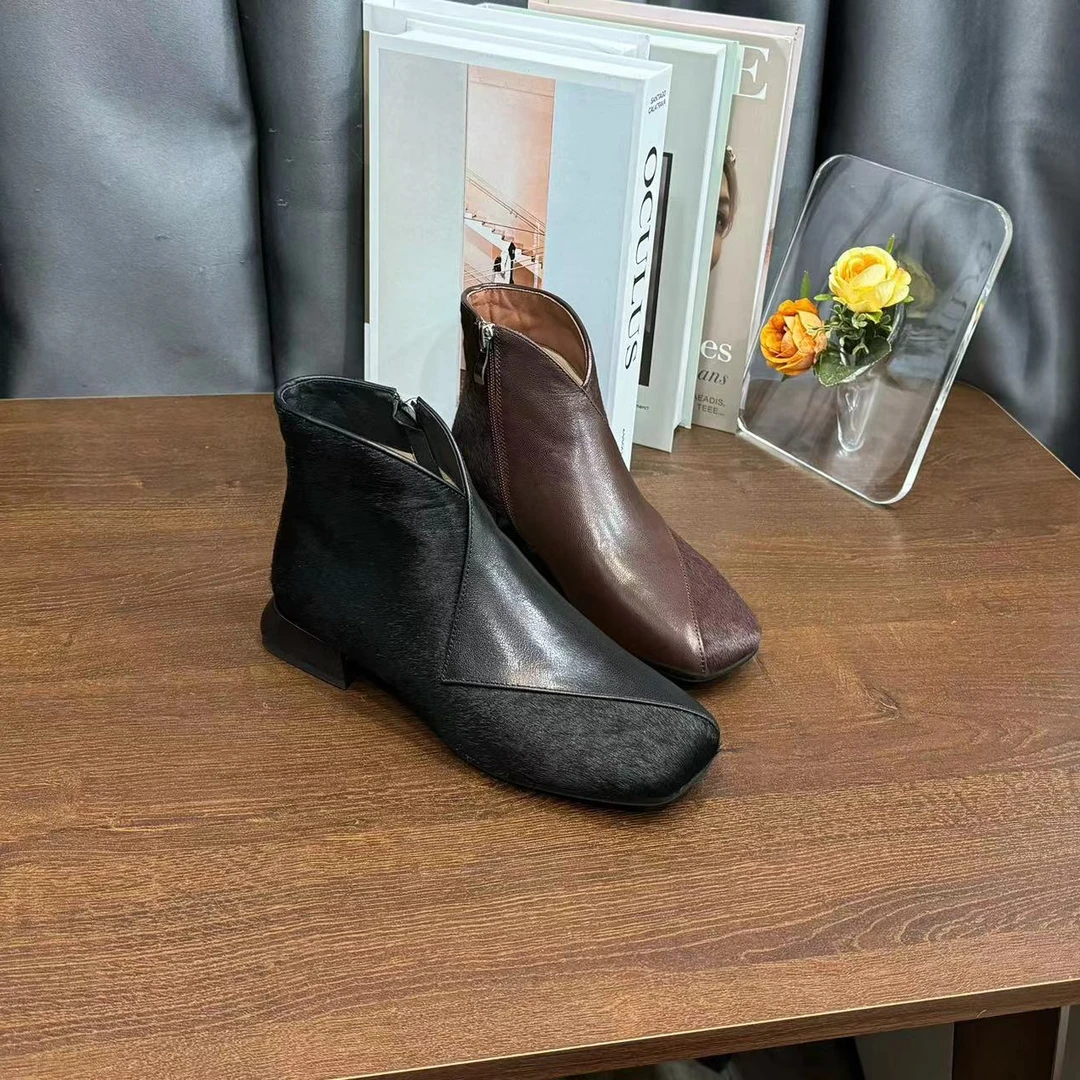 方头2厘米粗跟水晶羊皮搭配马毛/里外全皮5326/时装矮靴34到43码