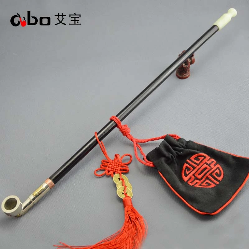 艾宝老式手工复古玉烟嘴传统白铜镶花旱烟袋实木长粗烟杆烟斗烟具