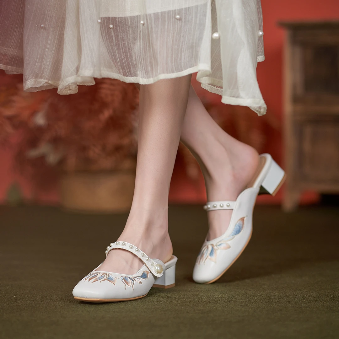 LSWD《月华清》新中式复古国风绣花包头半拖皮鞋凉鞋3392