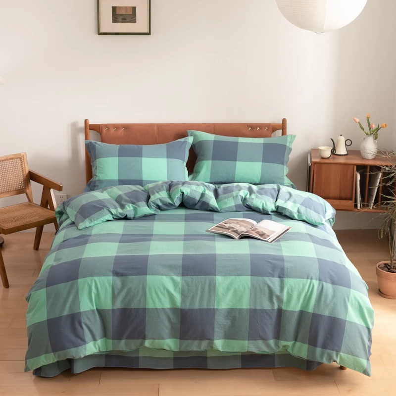 床上全棉色织水洗棉四件套绿大格纯棉软糯亲肤简约格子床品套件