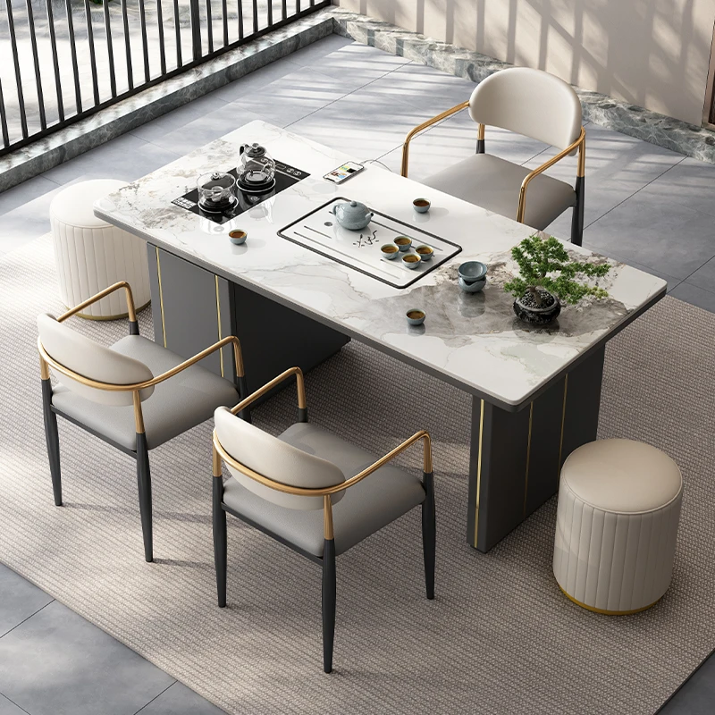 现代简约岩板茶台茶桌轻奢桌椅组合家用办公二合一茶桌一体一整套