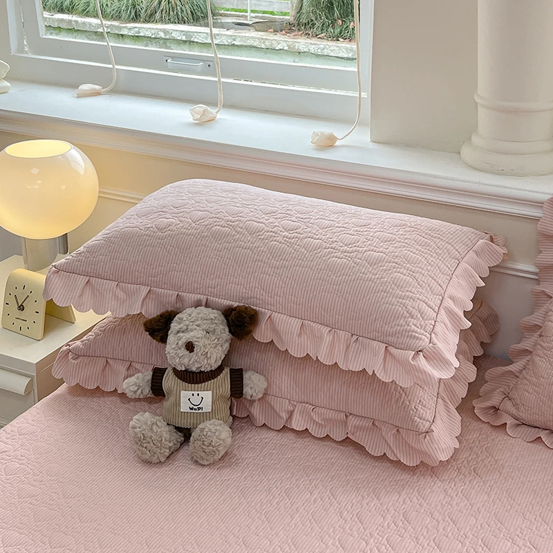 【公主粉】韩版 泡泡棉绗缝纯色公主风成人枕头套四季通用-F