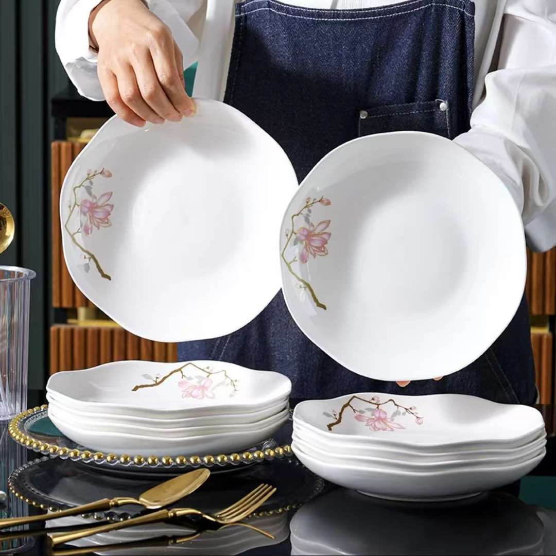 青梅竹马8英寸荷叶花边花瓣防烫家用陶瓷菜盘欧式简约中式盘描金