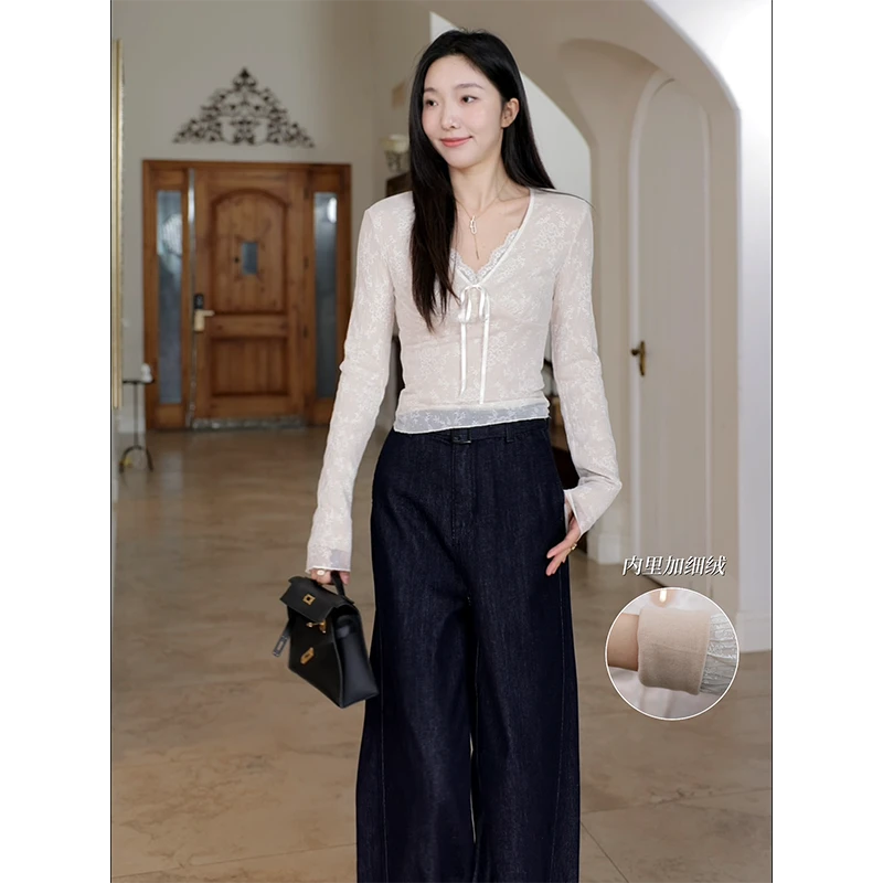 郭九九呢 微胖法式复古V领蕾丝显瘦加绒弯刀牛仔裤 G924E13525-1