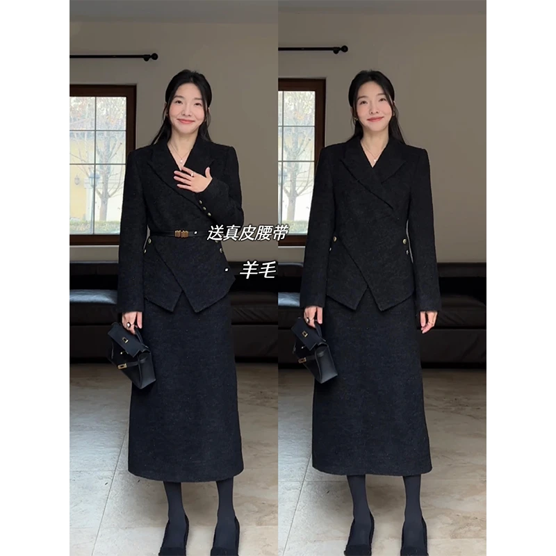 郭九九呢羊毛气质职场女神范小香外套真皮腰带半裙G923A09865