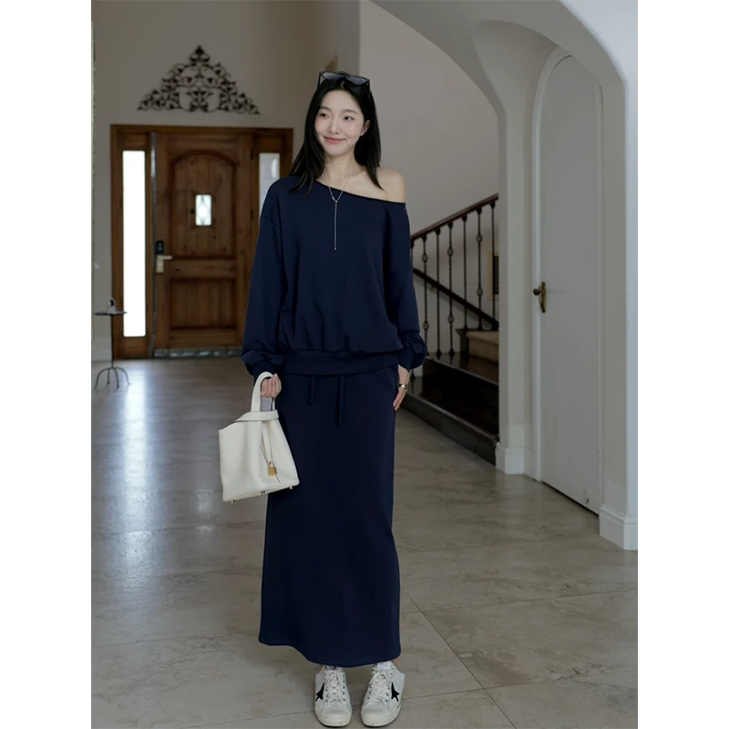 郭九九呢 棉法式优雅气质斜肩宽松两穿卫衣显瘦半身裙 G924Z13066