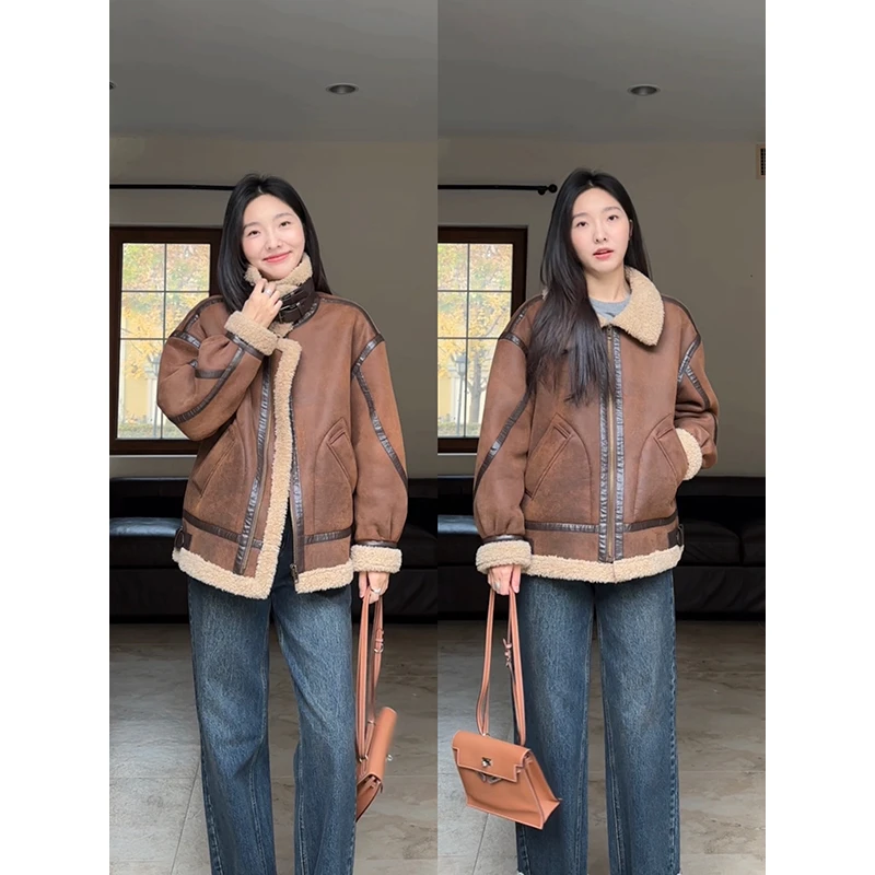 郭九九呢 麂皮复古做旧立领拼接机车服加厚冬短款外套女G9W156086