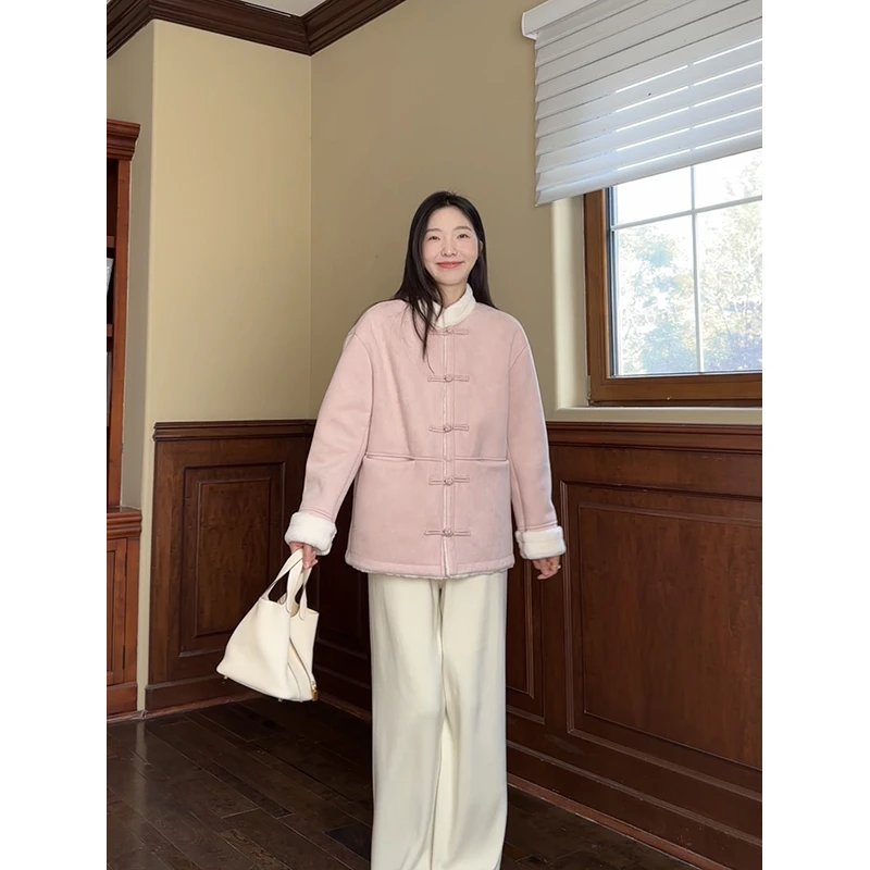 郭九九呢 新中式国风加厚麂皮保暖粉色毛毛短外套上衣 G923T08471