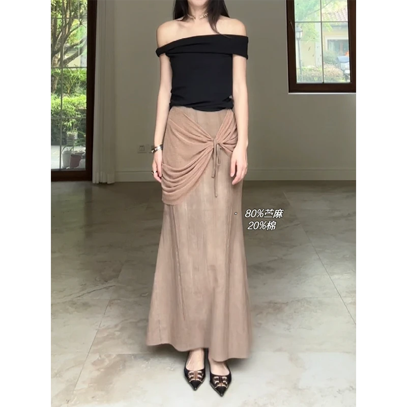 【断码特价 现货不补】苎麻棉鱼尾半裙一字肩上衣短袖G924A01303-2