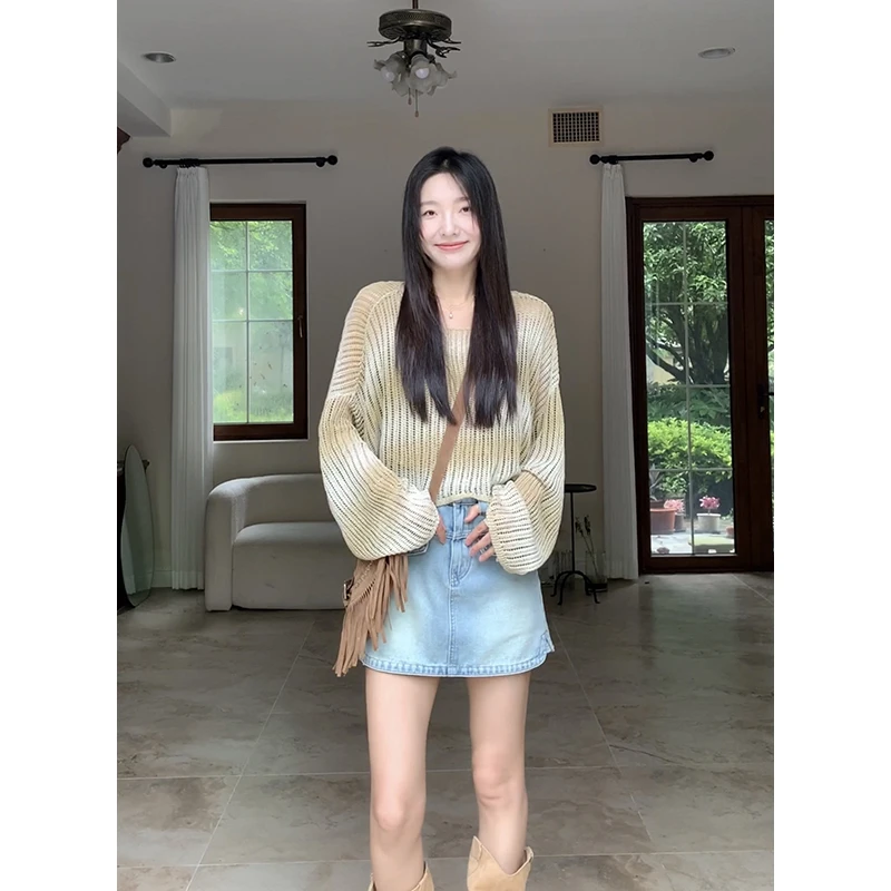 【年终清清 售完不补】杏黄色渐变长袖短款针织镂空罩衫 G9Z353098