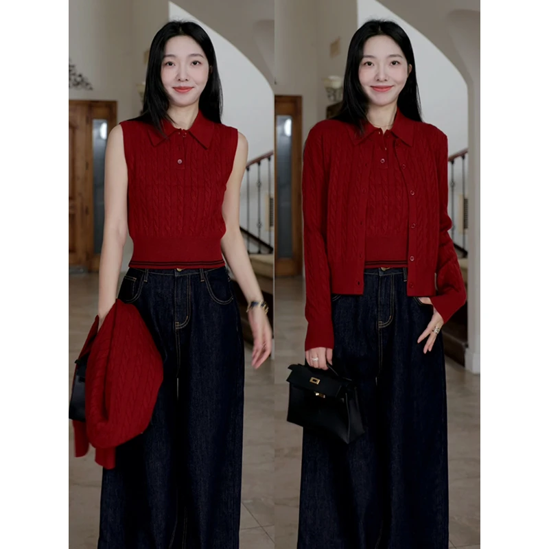 郭九九呢 复古辣妹针织POLO领背心毛衣开衫阔腿牛仔裤 G924Z13454