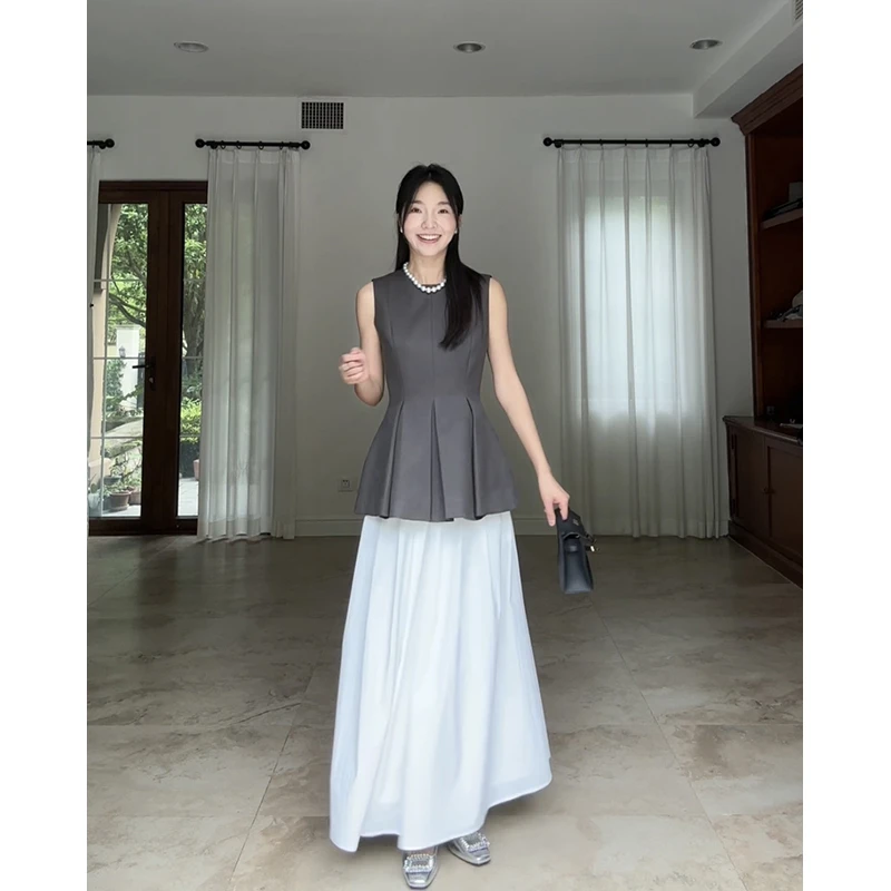 【断码特价 现货不补】显瘦褶皱无袖上衣棉百搭半身裙 G924A04787