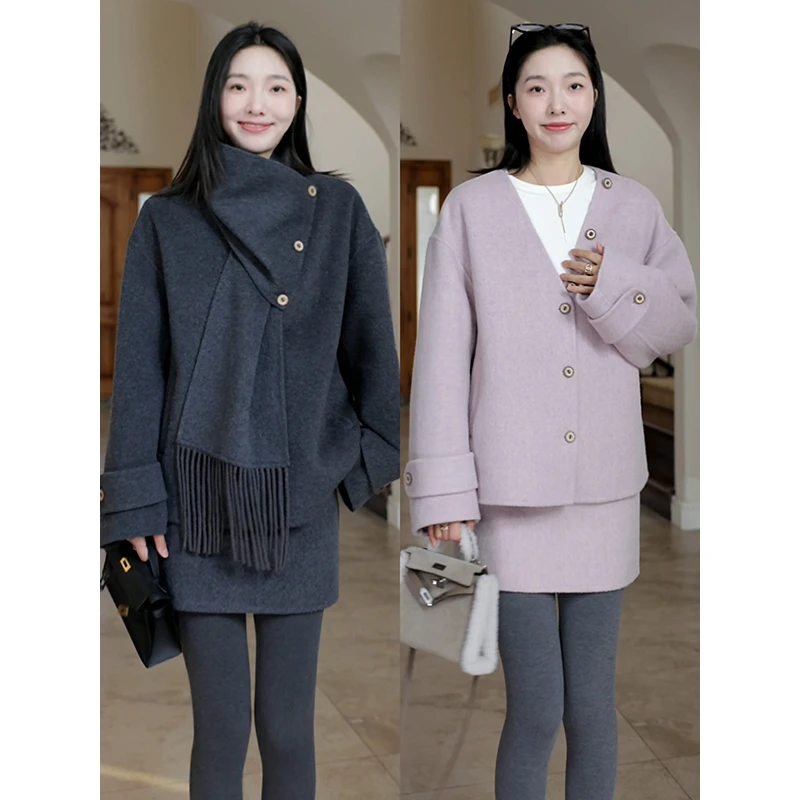 郭九九呢 羊毛围巾可拆卸双面呢大衣外套高腰a字半裙G924M15384