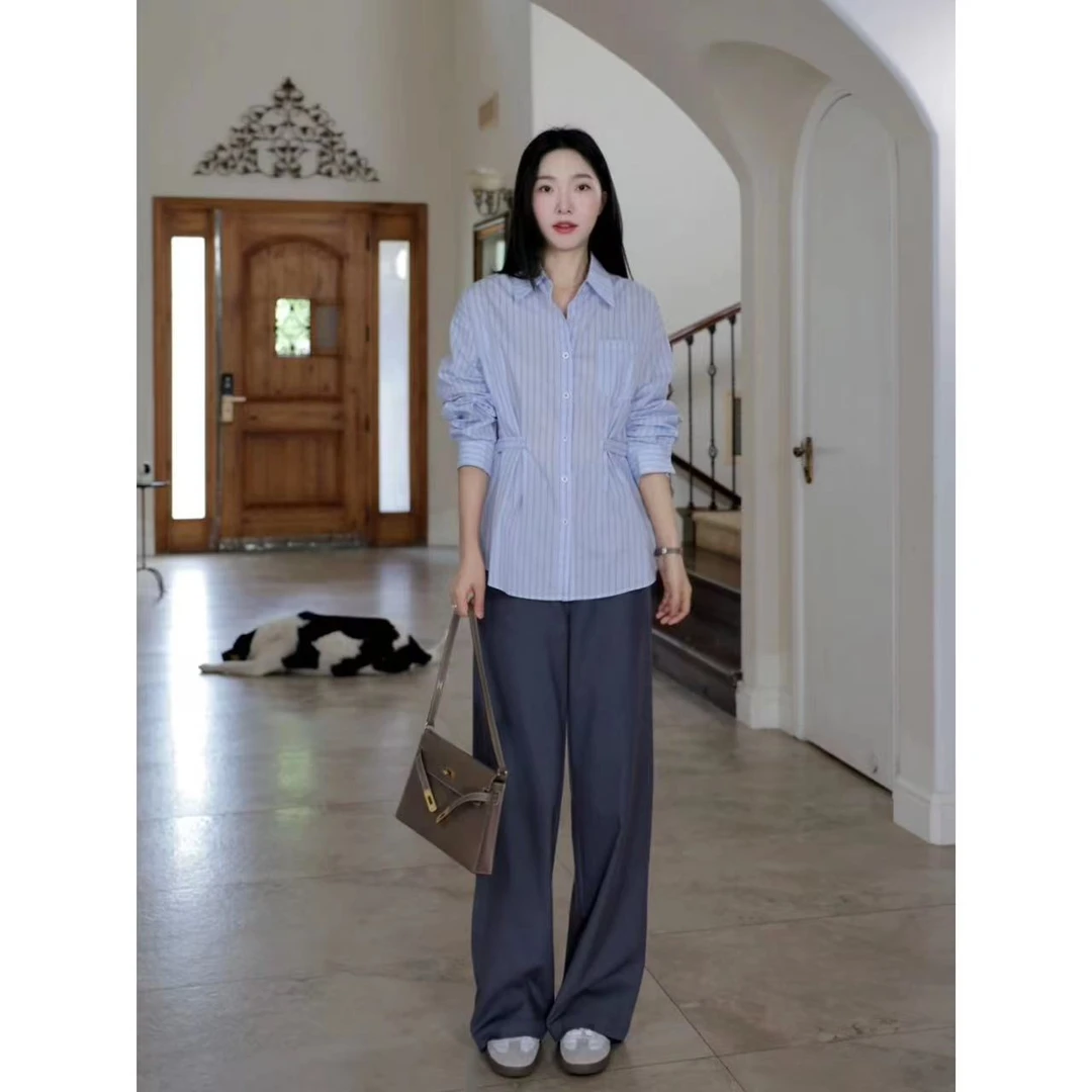 郭九九呢 棉蓝色条纹绑带收腰显瘦百搭衬衫直筒西装裤G924C14964