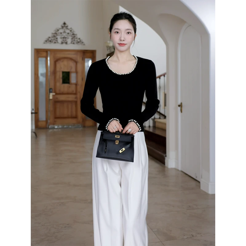 郭九九呢 羊·毛法式气质纯欲珍珠针织上衣高腰厚西装裤G924Z13360