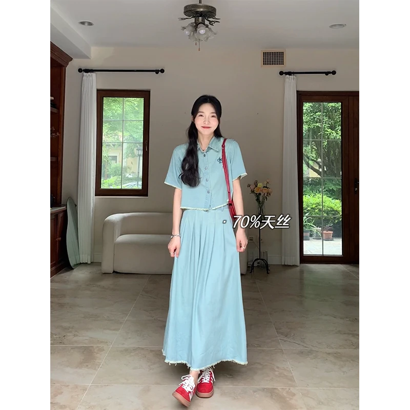 【年终清清 售完不补】天丝薄款牛仔正肩袖衬衫长半裙G9A347402