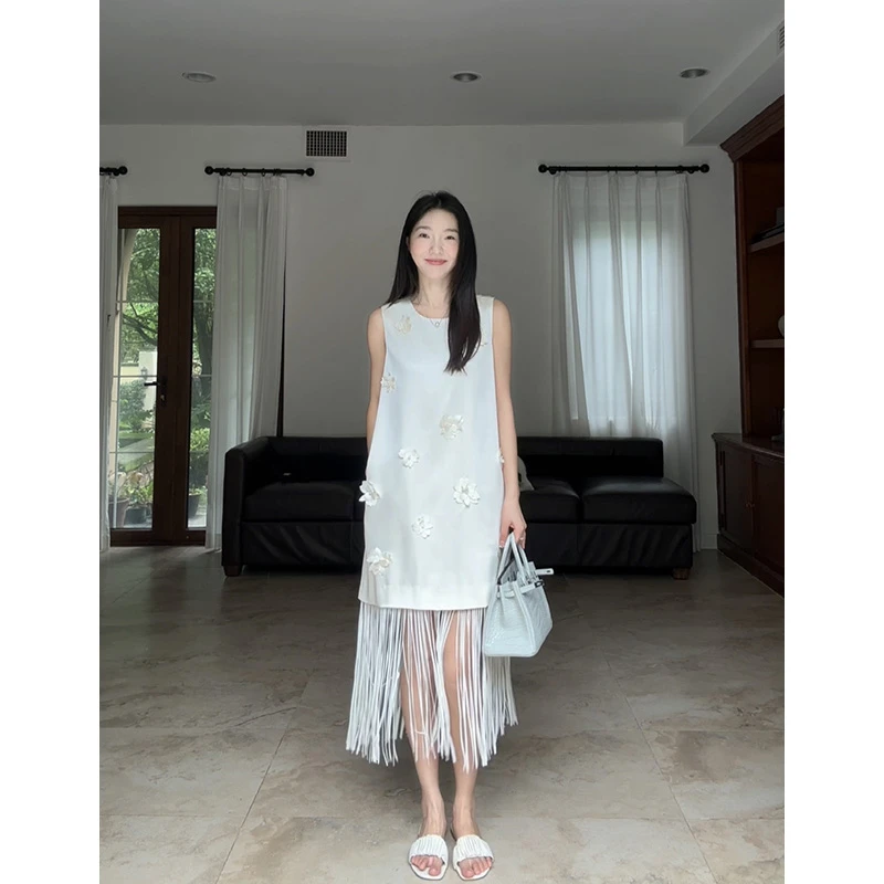 【断码特价 现货不补】立体花朵流苏宽松显瘦背心连衣裙 G924Q08223