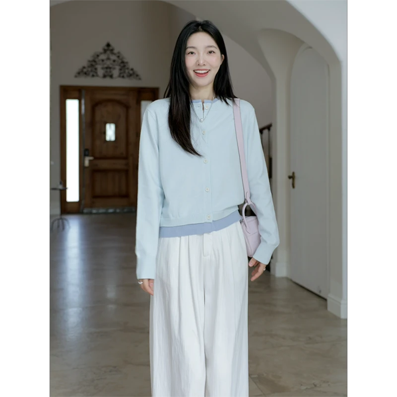 郭九九呢 气质假两件拼接显瘦针织毛衣开衫牛仔阔腿裤 G924Z12702