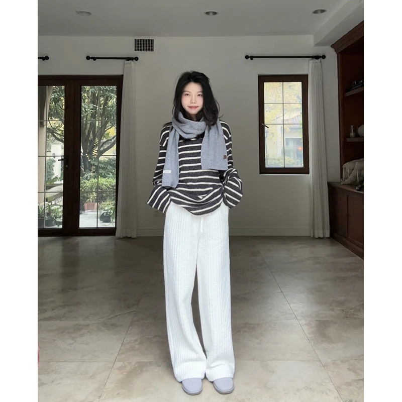 郭九九呢 棉韩式慵懒加厚直筒休闲裤磨毛条纹长袖t恤G924K19874