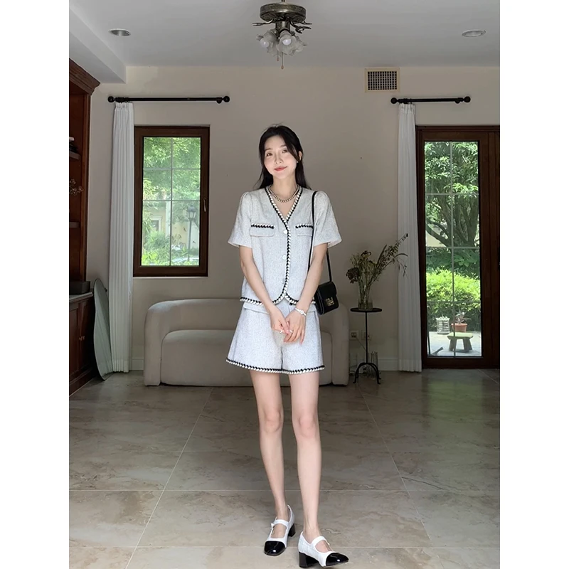 【年终清清 售完不补】杂灰色编织小香风上衣高腰短裤G9A350803