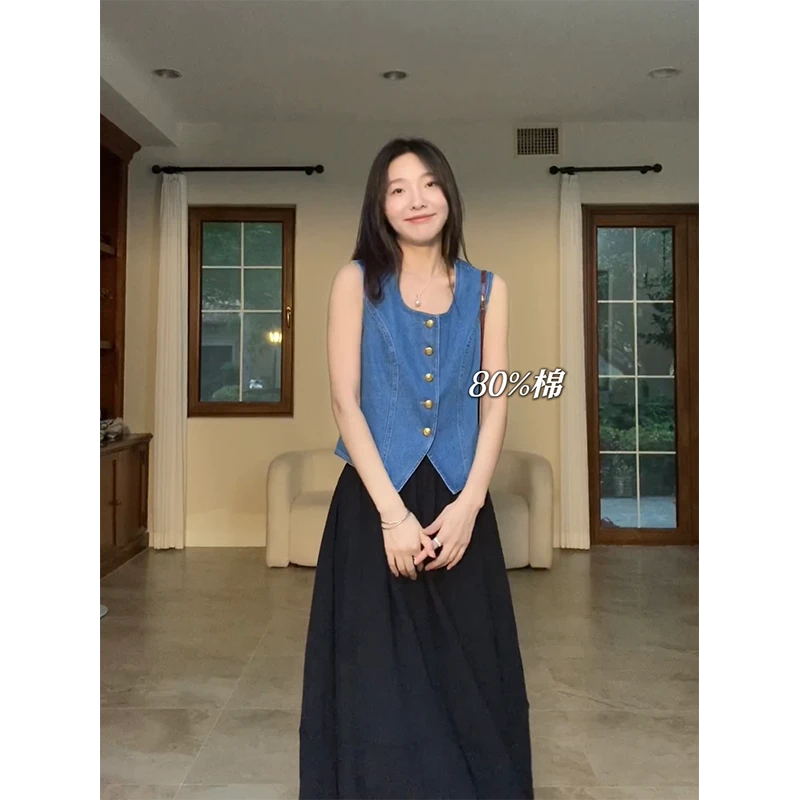 【年终清清 售完不补】开叉下摆气质方领牛仔马甲背心G923Z00886