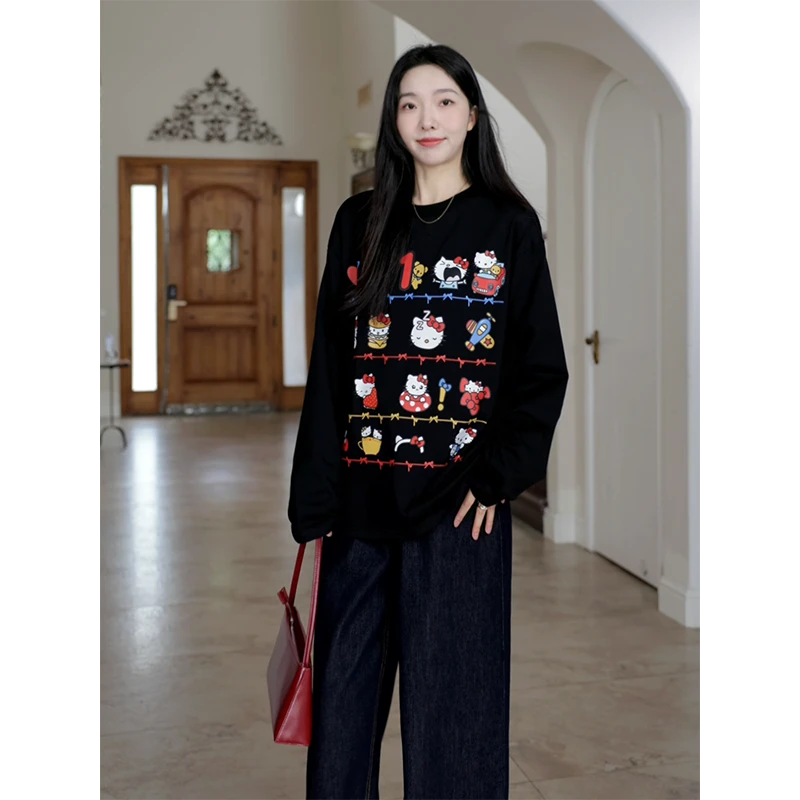 郭九九呢 纯棉kitty猫宽松休闲印花大版T恤阔腿牛仔裤 G924Y14971