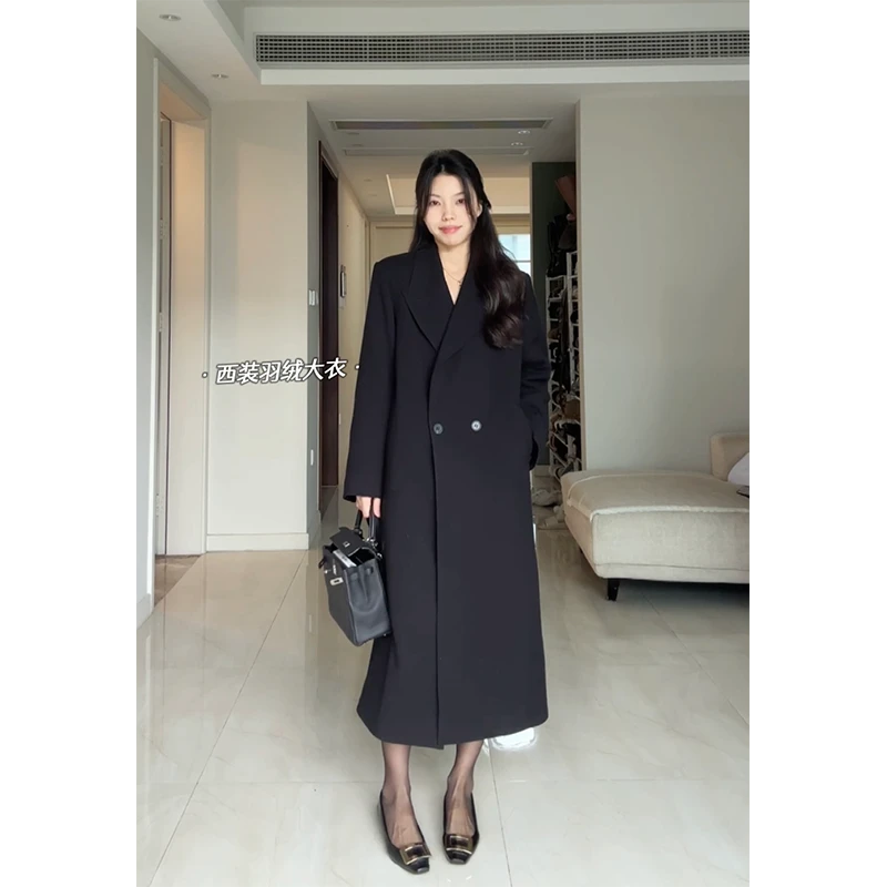 郭九九呢 90白鸭绒经典韩版显瘦加厚西装羽绒大衣外套 G9R240750