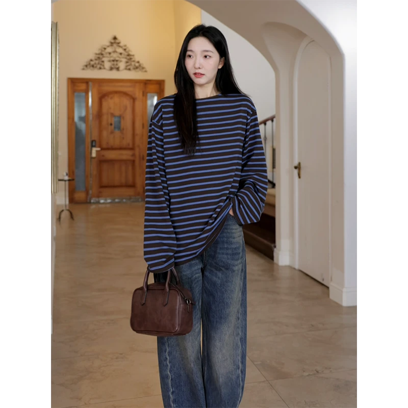 【断码特价 现货不补】 纯棉慵懒风复古条纹休闲长袖t恤 G924Y15942