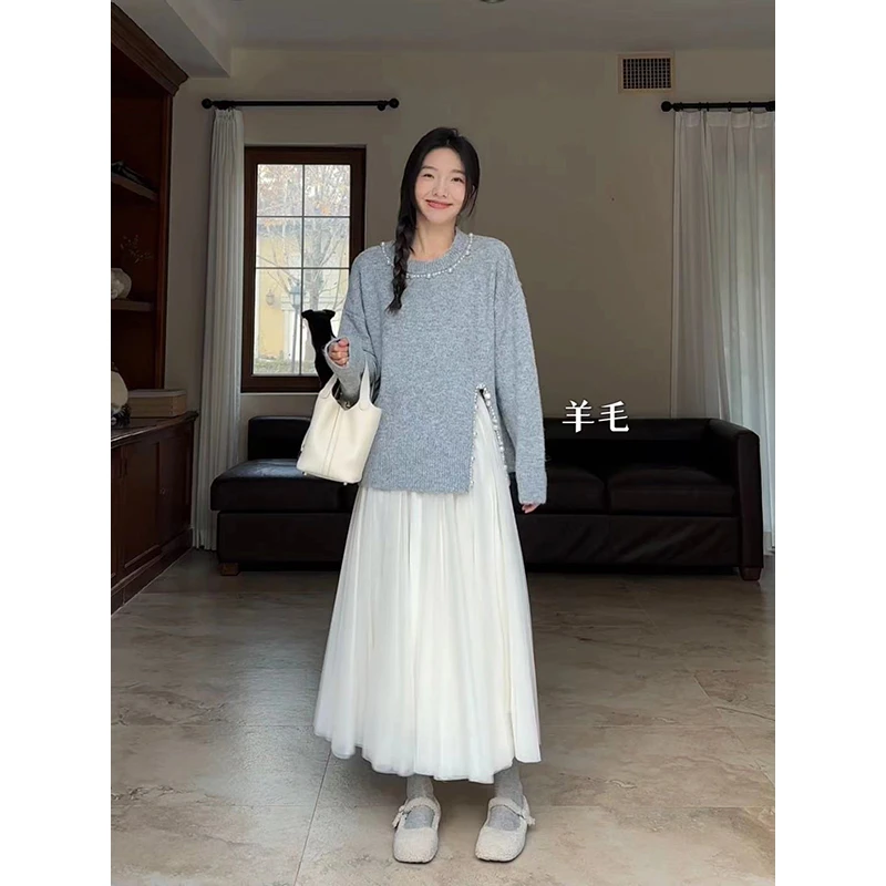 郭九九呢 温柔氛围羊.毛重工亮片珍珠毛衣加绒纱裙半裙G923Z11157