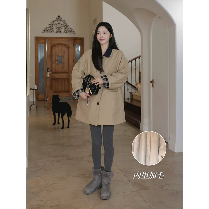 郭九九呢 棉翻领撞色拼接宽松显瘦加厚毛毛风衣外套 G924T18891