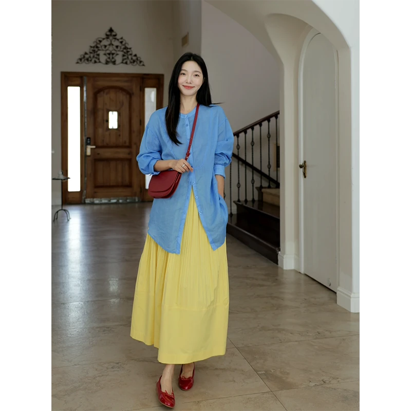 郭九九呢 100%苎麻明媚轻薄飘逸宽松长款衬衫伞摆半裙 G924C13255