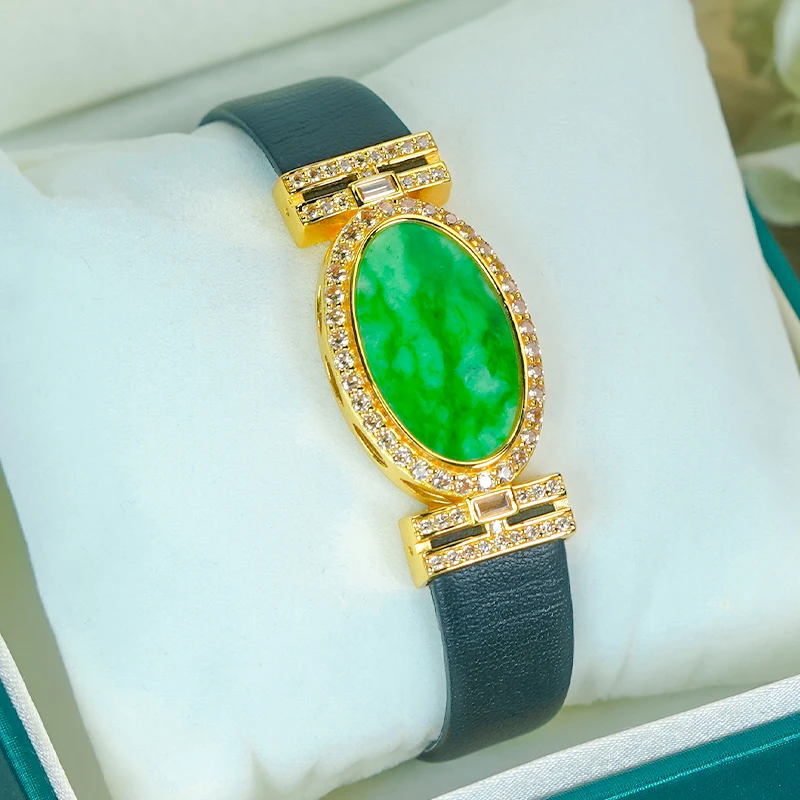 天然翡翠A货银镶时尚轻奢大气飘阳绿翡翠椭圆手表款手镯