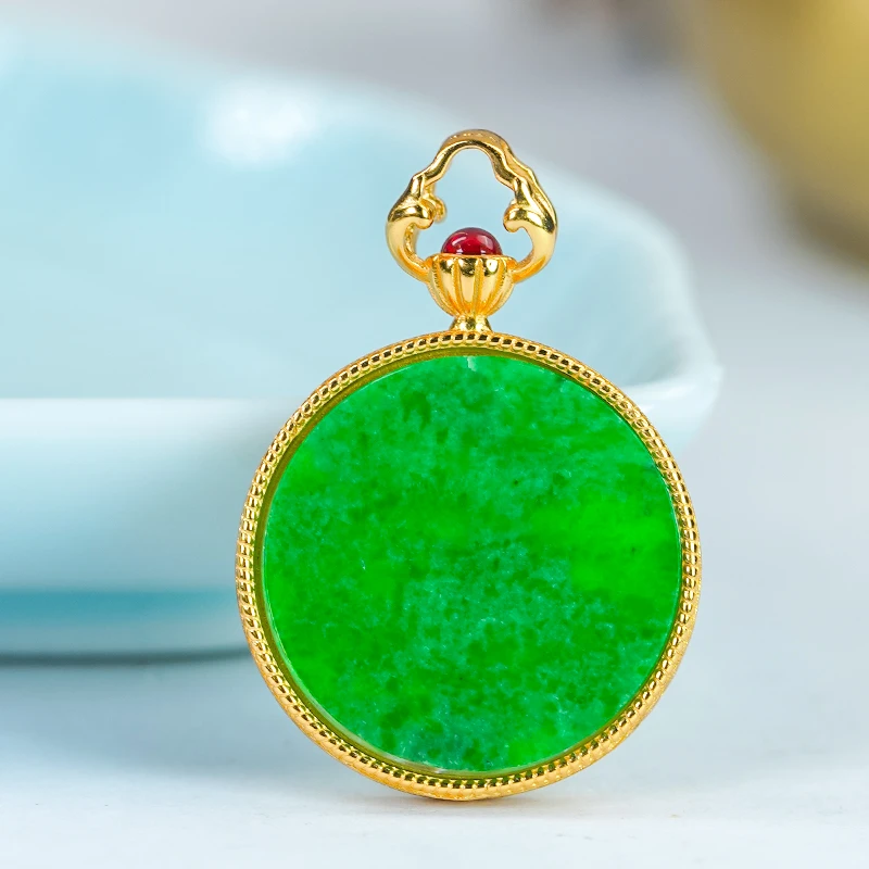 一点红-天然翡翠A货银镶嵌精致时尚飘阳绿翡翠圆牌单吊坠（小号）