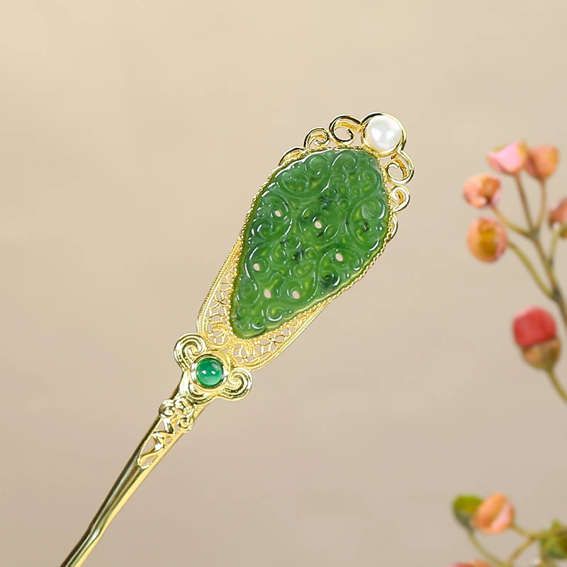 天然和田玉925银镶嵌精致时尚镂空雕刻和田玉碧玉多宝祥云发簪