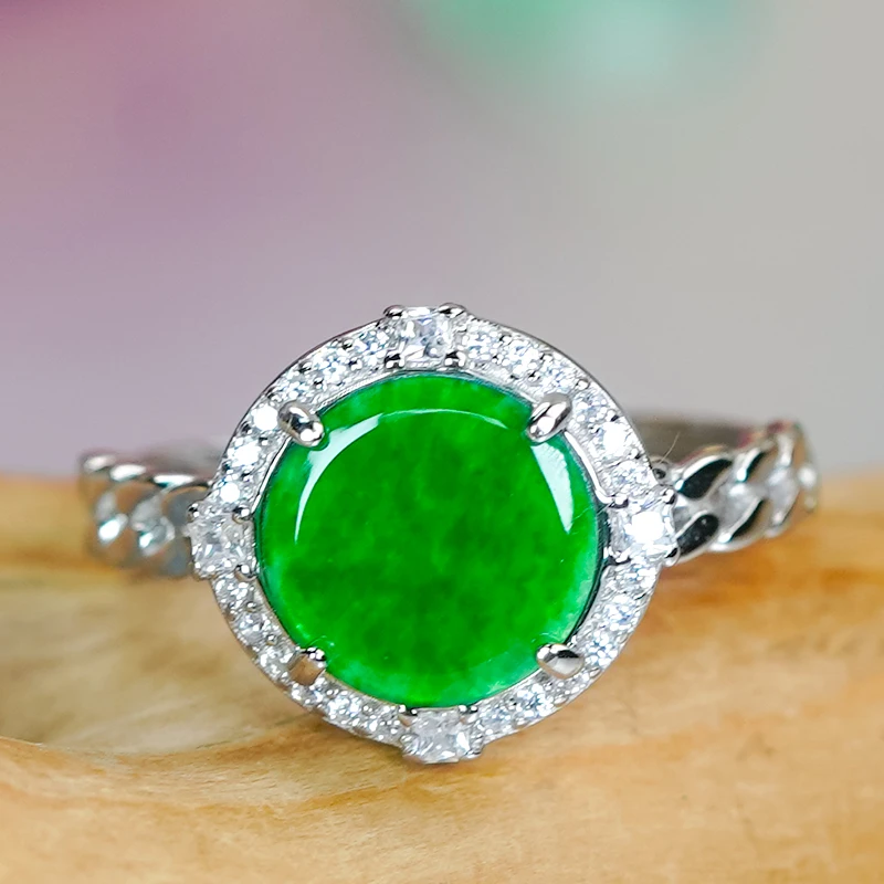 天然翡翠A货精致设计感满绿翡翠龙石银白色小圆牌戒指