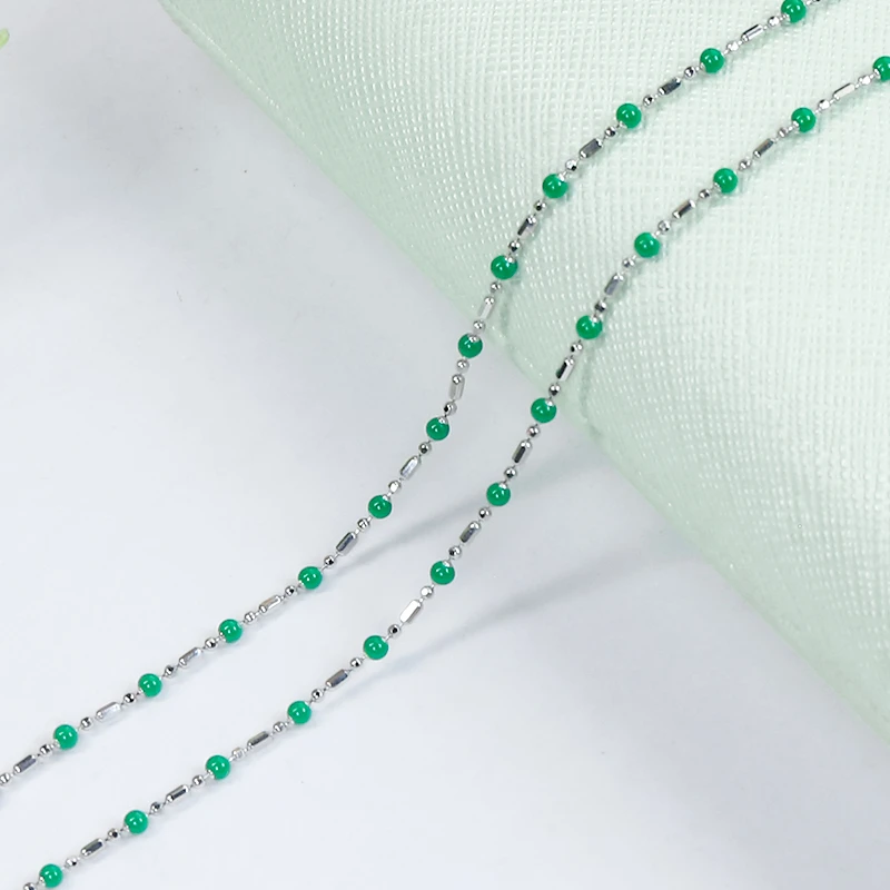 链子925银 一点绿时尚百搭设计感绿竹节银925链子银白圆珠链子