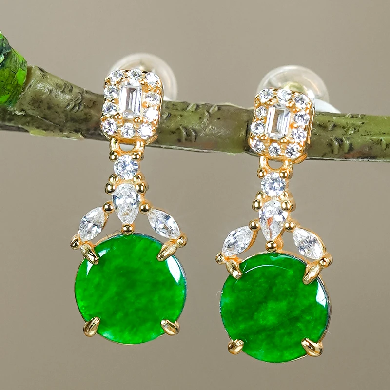 天然翡翠A货925银镶嵌-三叶金色龙石种翡翠耳钉