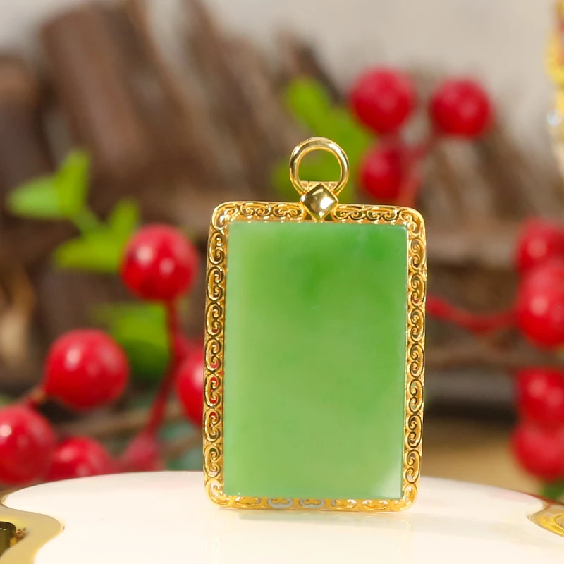 K金镶 天然和田玉碧玉 气质满绿无事牌吊坠