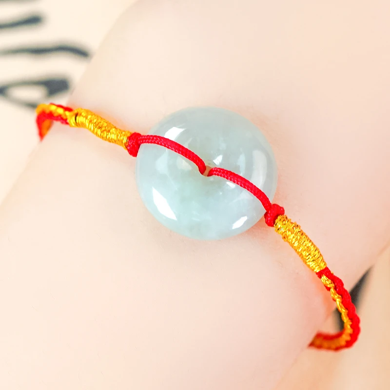 天然翡翠A货手工编织红绳冰润冰透平安扣手绳（ 多样性发