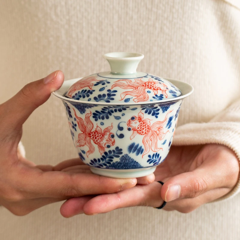 单个青花仿古陶瓷功夫二才泡茶盖碗功夫茶具茶杯单个不烫手干泡碗