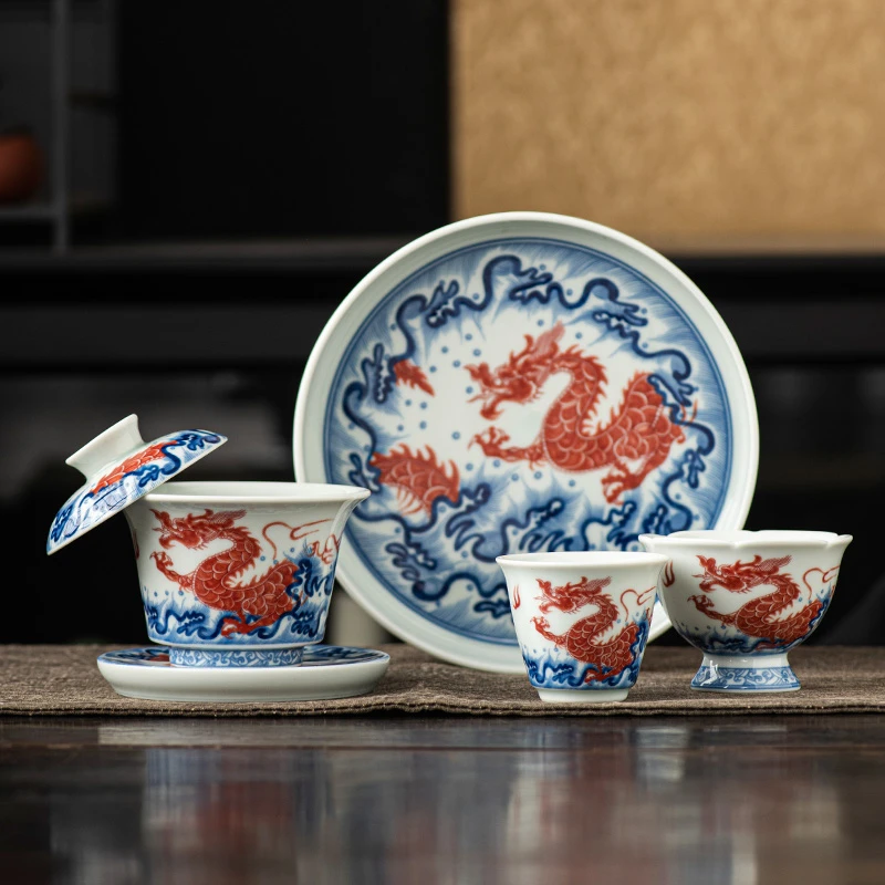 仿古青花瓷海水龙纹功夫茶具盖置5件套可悬停盖碗茶杯家用泡茶碗