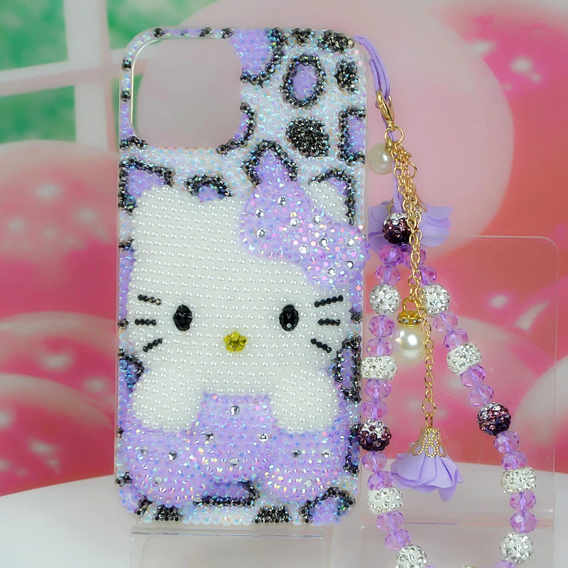 适用iPhone121314proXSMax苹果浅紫豹纹果冻钻趴趴猫手机壳水钻