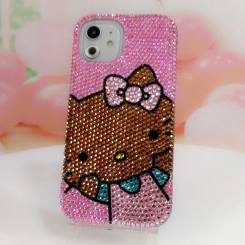 适用iPhone11 12 1314 15 16pro Max咖脸大头KT猫苹果手机壳水钻