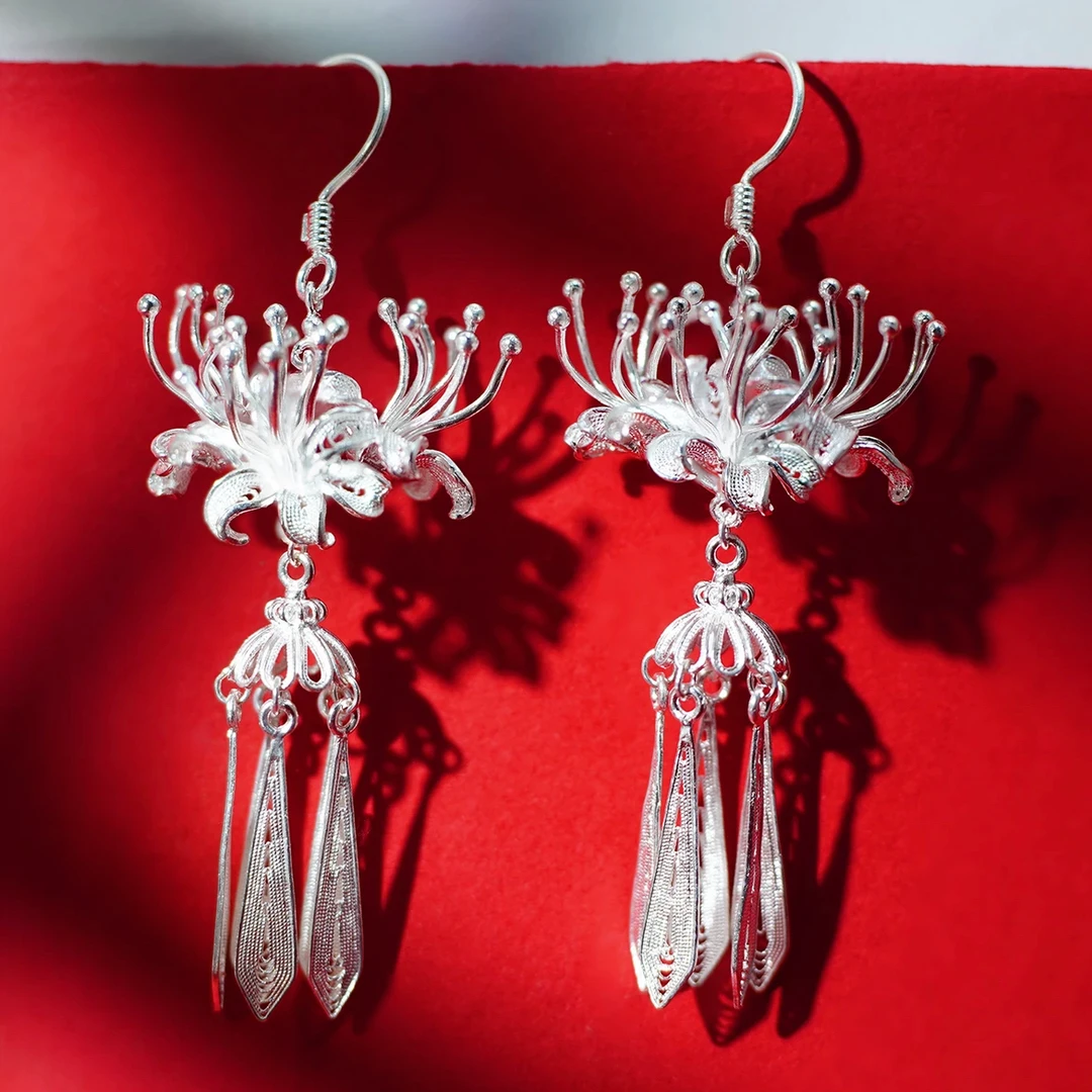 足银耳饰 银琢曼珠沙华【足银999】精美时尚百搭