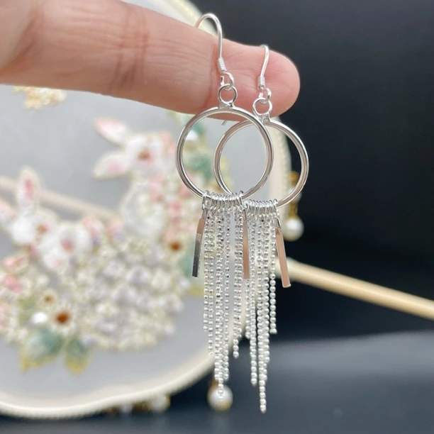 足银耳饰 足银流苏耳坠时尚个性气质百搭手工轻奢欧美简约长款