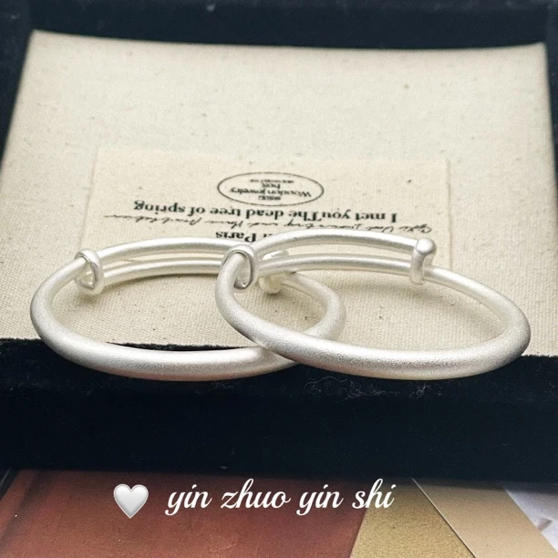 足银手镯 磨砂简约宝宝足银手镯手工时尚情侣素圈经典实心传承