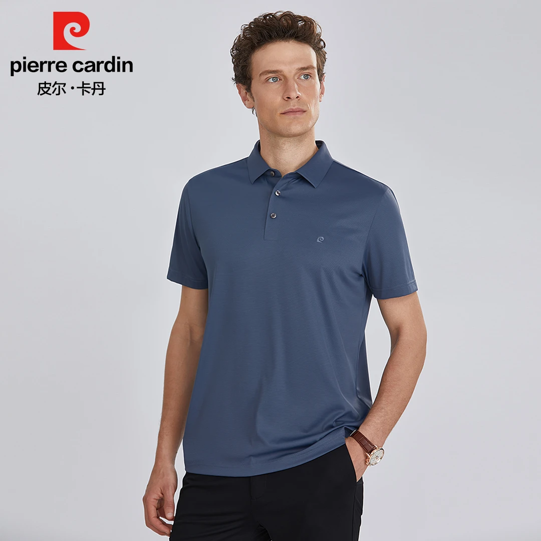 皮尔卡丹夏季新品贡缎双绣花翻领POLO衫男士商务休闲短袖T恤透气