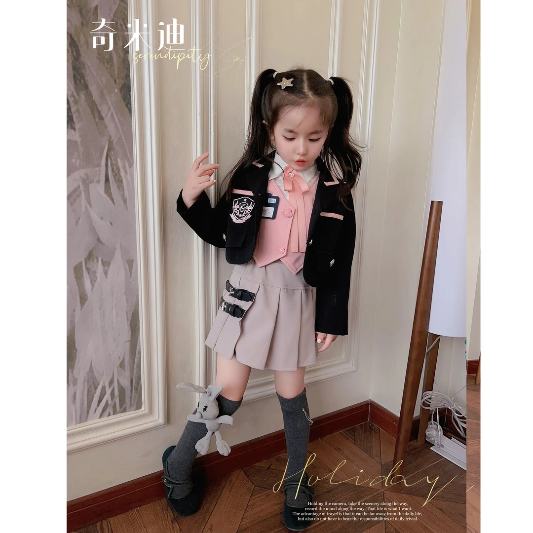 【现货】奇米迪女童jk学院风套装儿童西装外套四件套春秋15016