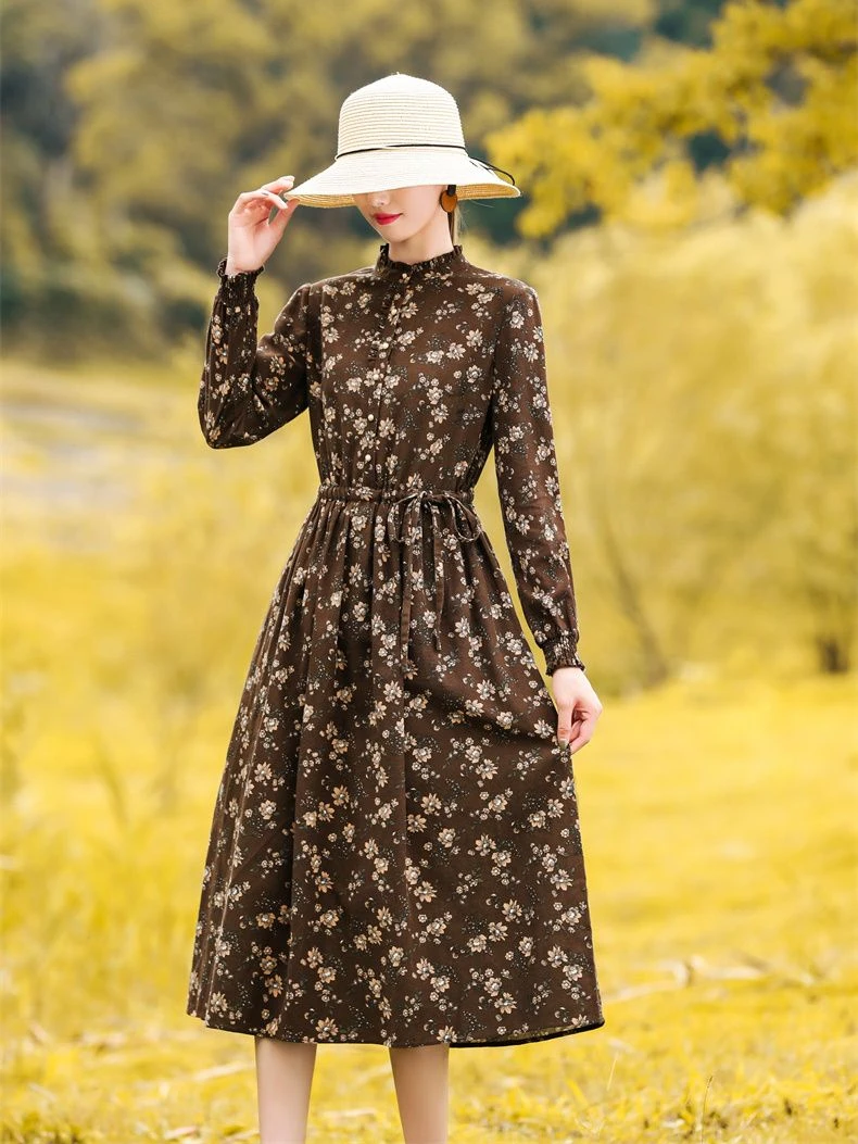 7321#长袖碎花棉麻连衣裙2024秋季时尚新款收腰显瘦气质复古裙子